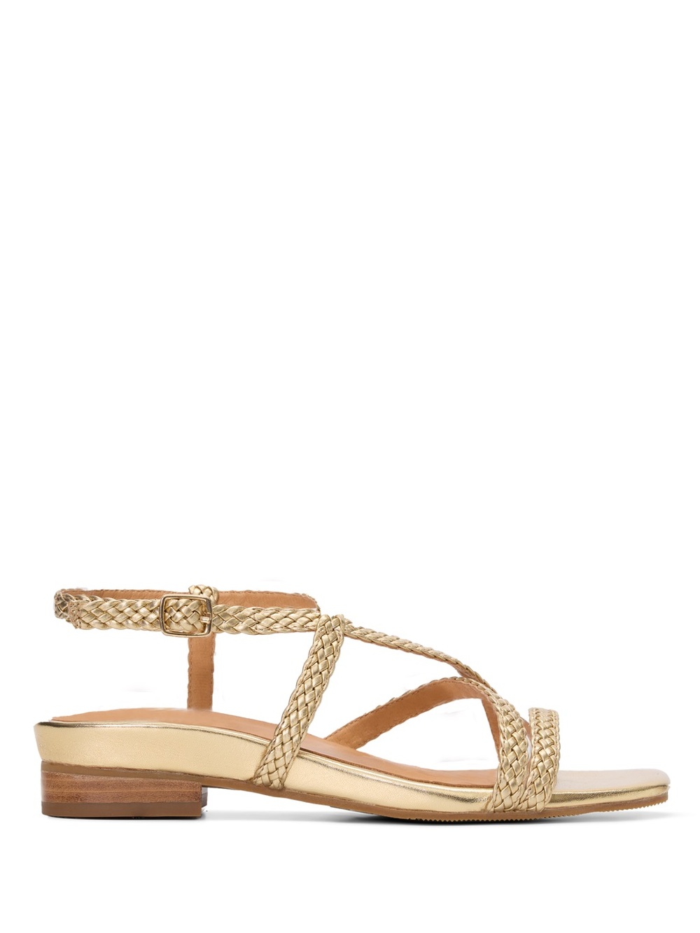 Bared Braided Metallic Gold Low-Heel Sandals - Women